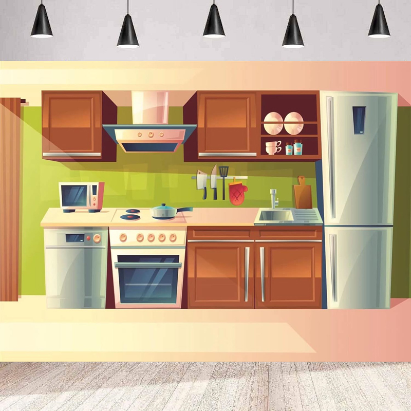 Kitchen Baking Background - Fotoğraf Backdrop Karikatür Mutfak Bebek Çocuk